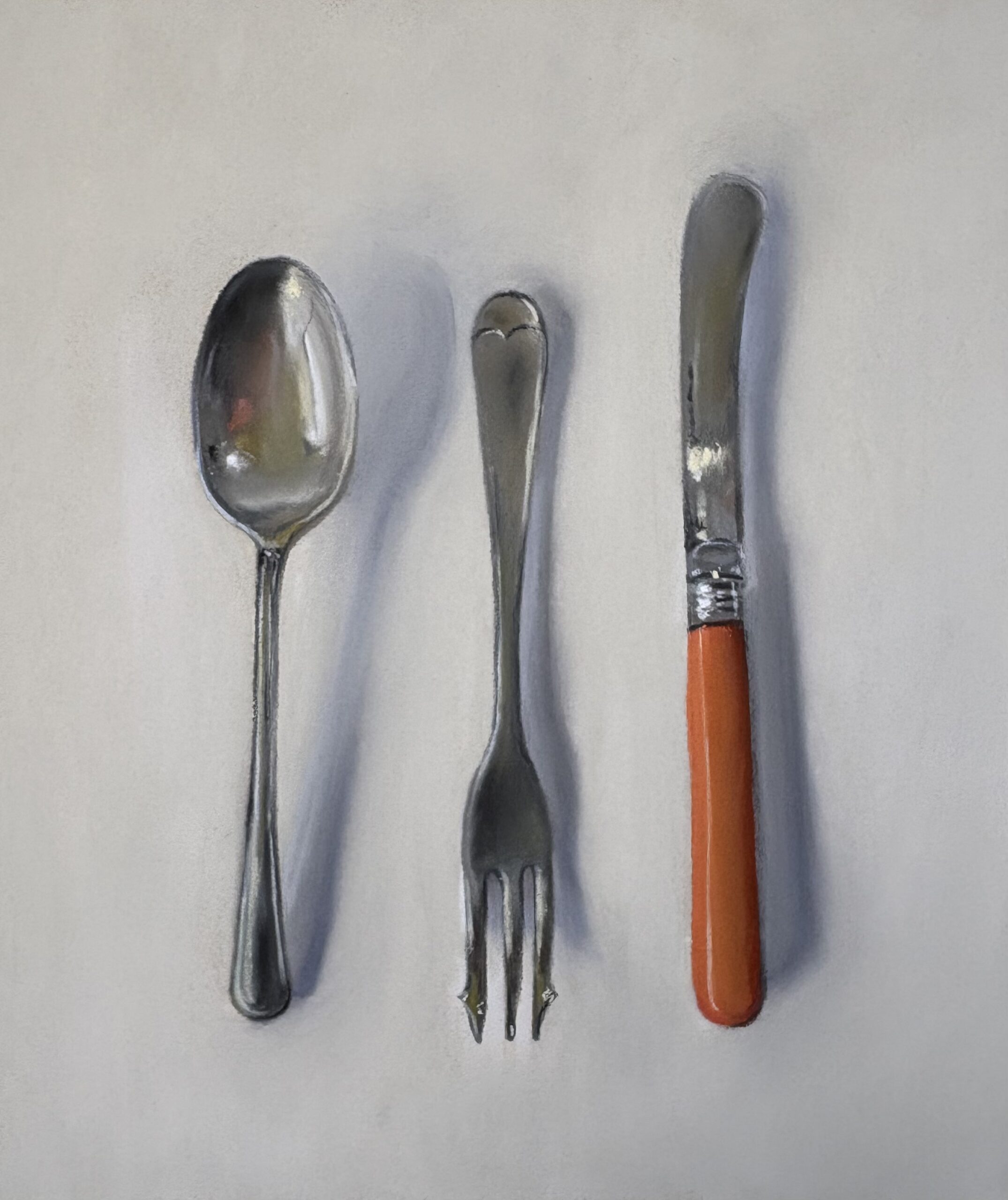 “Pastel painting of a spoon, fork and orange-handled knife by Candice Rouse.”