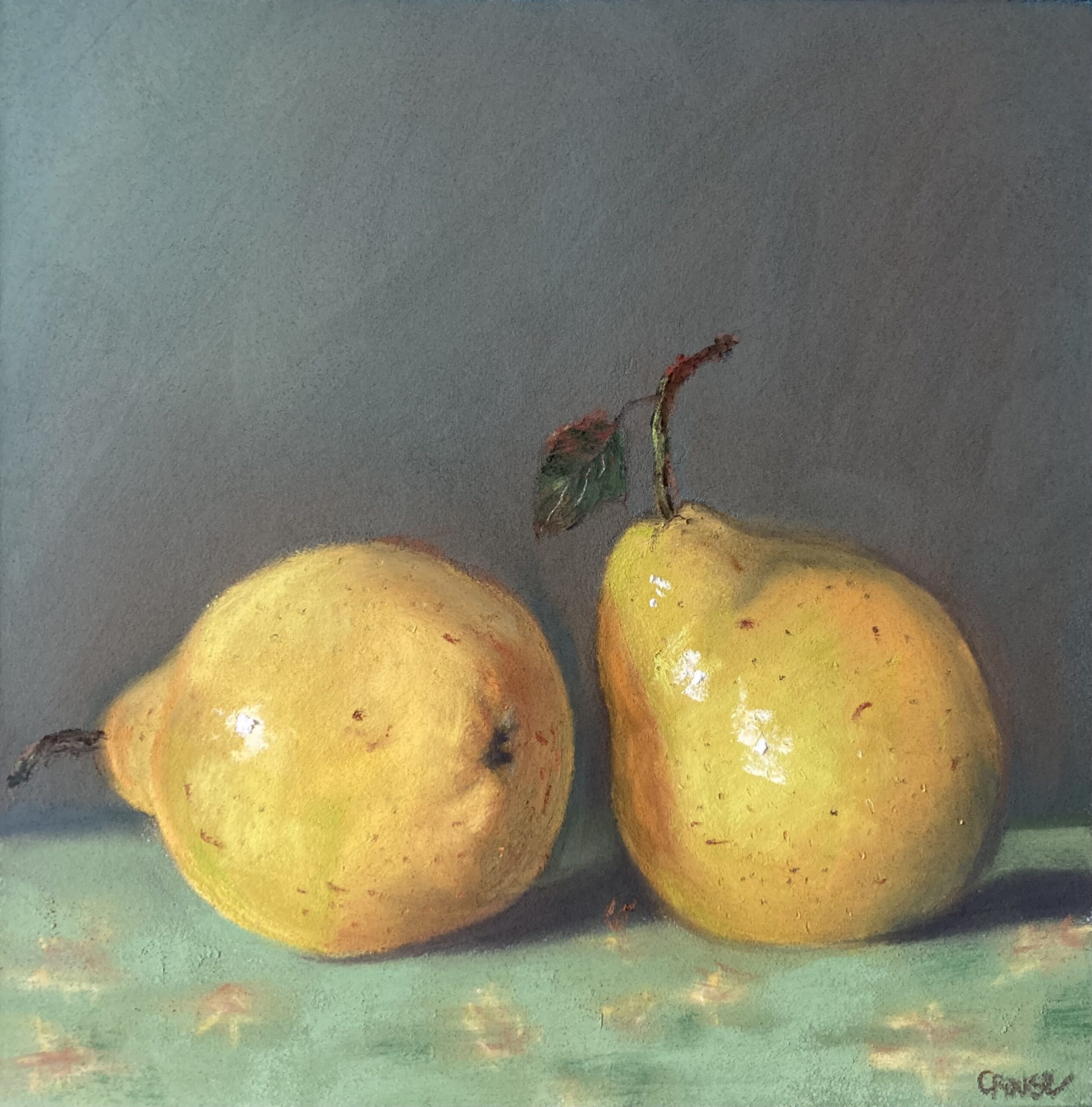 Pastel painting of two yellow pears on a green surface against a muted grey background.