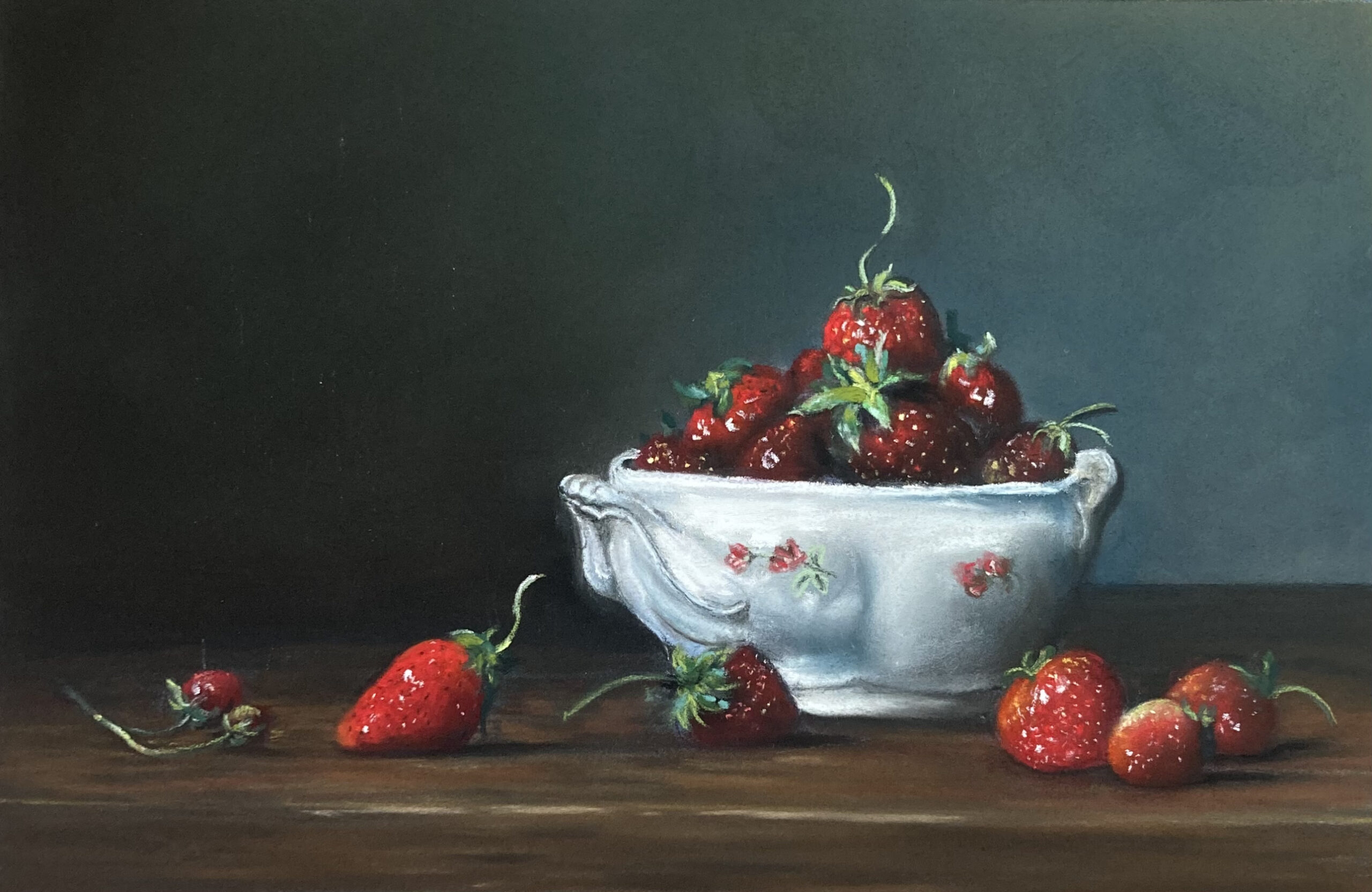 Pastel painting of a bowl of strawberries